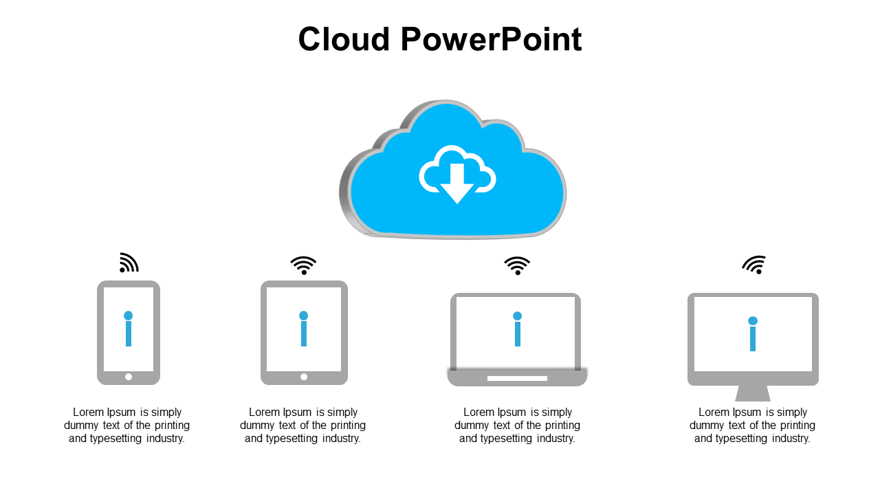 Cloud with arrow icon at top center, linked to four connected devices showing wireless connectivity, on a white background.