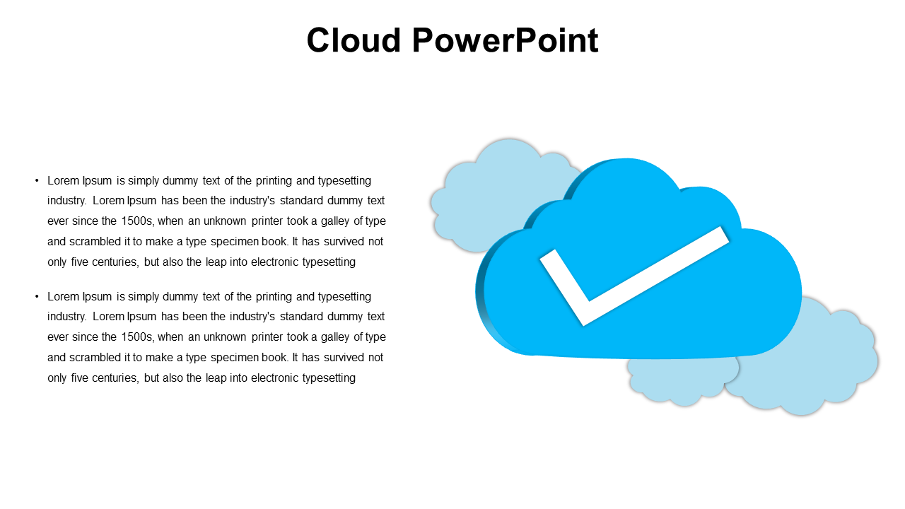 Bright blue cloud with white checkmark, surrounded by soft clouds and bullet text on the left.