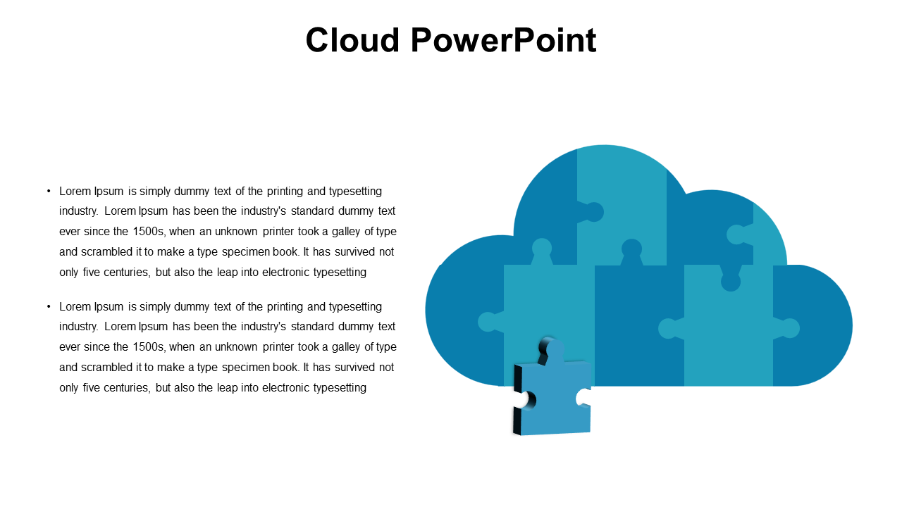 Blue puzzle pieces form a cloud shape, with one piece floating below and bullet text on the left, against a white backdrop.