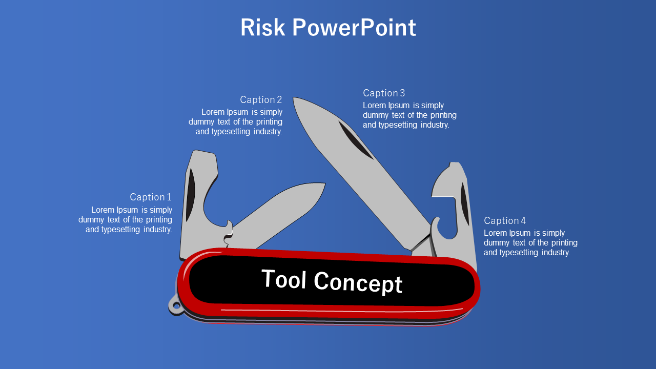 Blue background with a red swiss army knife graphic in the center and four gray tools labeled with captions around it.