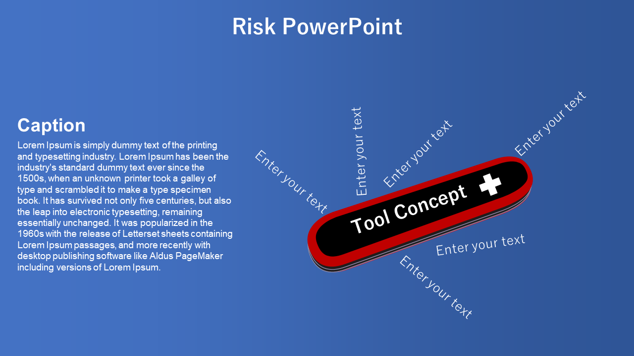 Red multitool shape on a blue gradient background, angled right with curved text paths and a left aligned caption block.