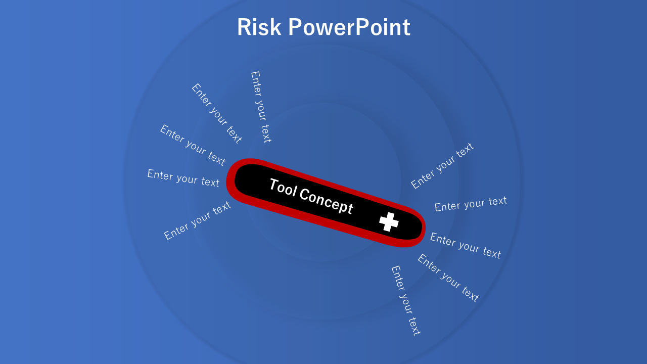 Risk template design with a central red utility knife icon and white text placeholders arranged in a spiral like formation.