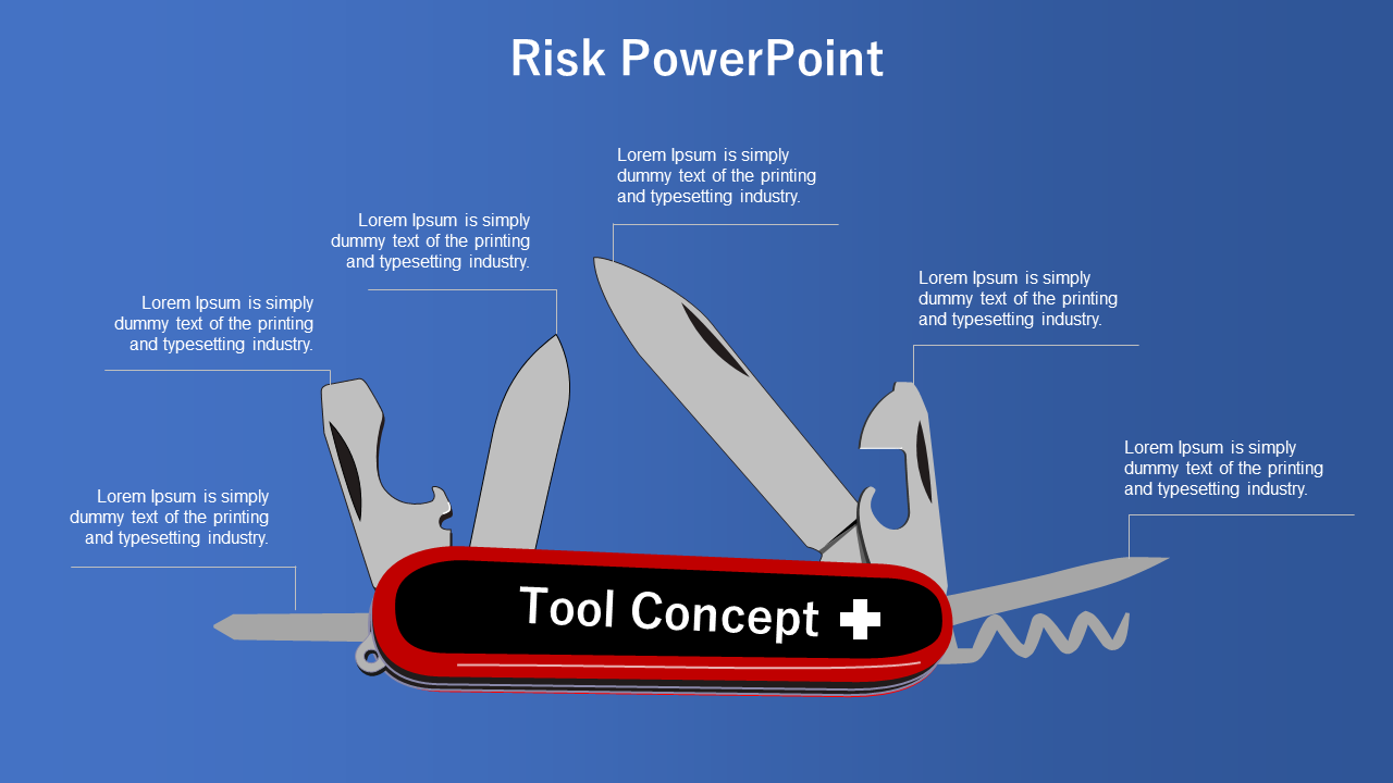 Red swiss army knife illustration with six tools extended in the center, surrounded by text, on a blue gradient background.
