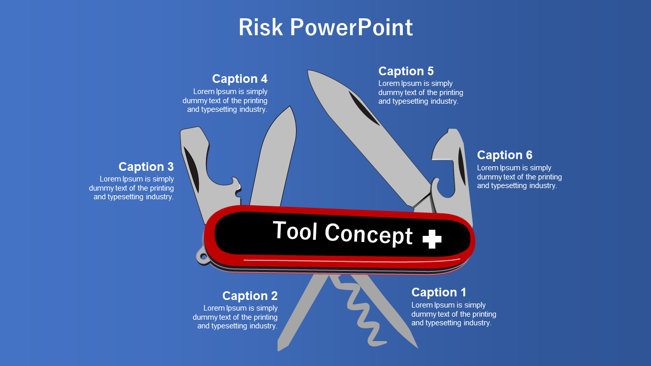 Horizontal red swiss knife illustration with six tools extended, each associated with a caption representing risk factors.