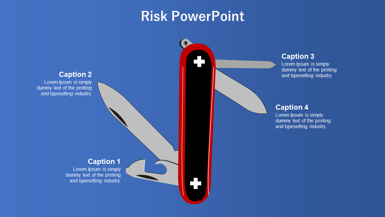 Illustrated red and black swiss army knife with four open tools on a blue background, surrounded by caption boxes.
