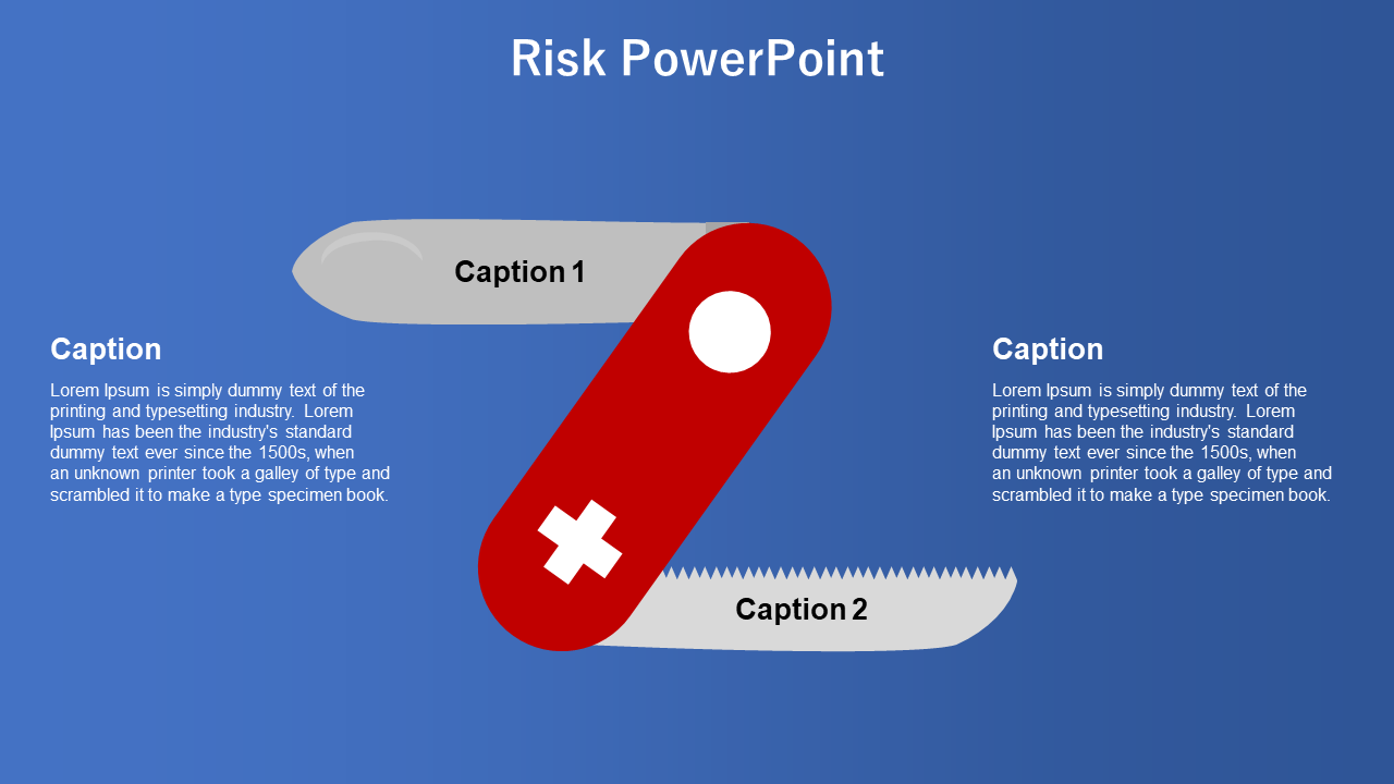 Swiss knife graphic with two open blades and red handle, placed on a blue gradient background with white text blocks.