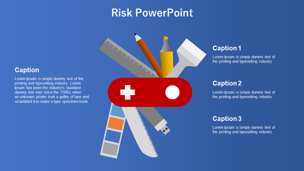 Center aligned red swiss knife with multiple extended tools, set on a blue background with three captions on the right.