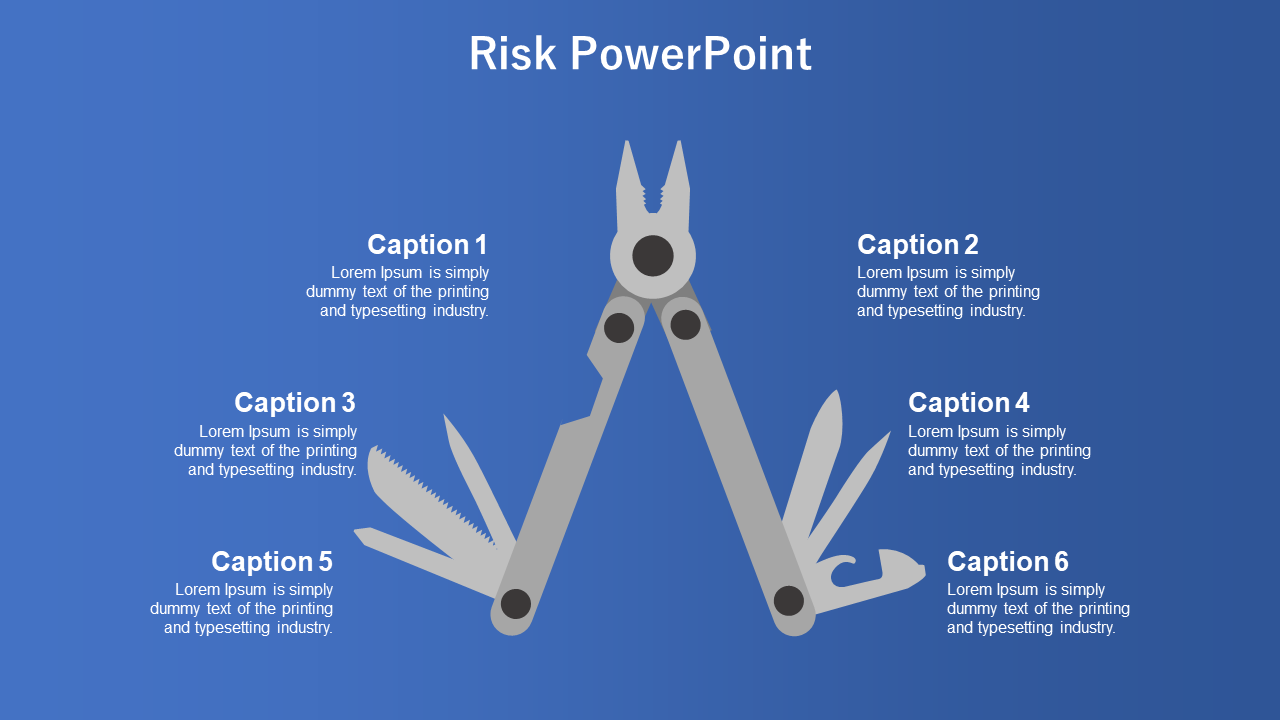 Silver multitool with open arms shown against a blue gradient background, featuring six surrounding white text areas.