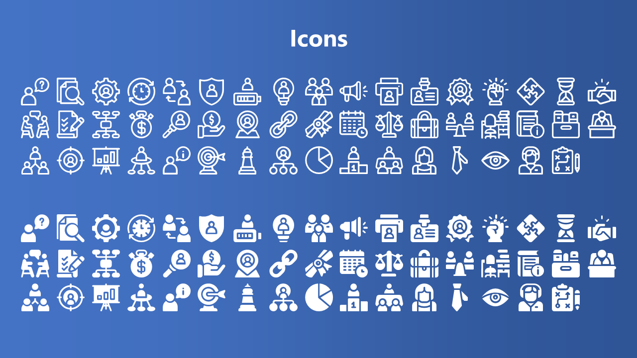 Blue gradient background with two sets of white outlined and filled business icons arranged neatly in a grid layout.