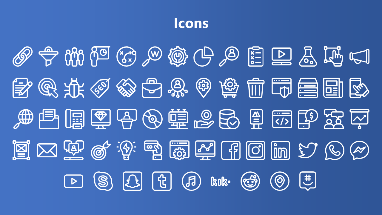 Collection of white icons on a blue background, representing various concepts such as technology, social media, and business.