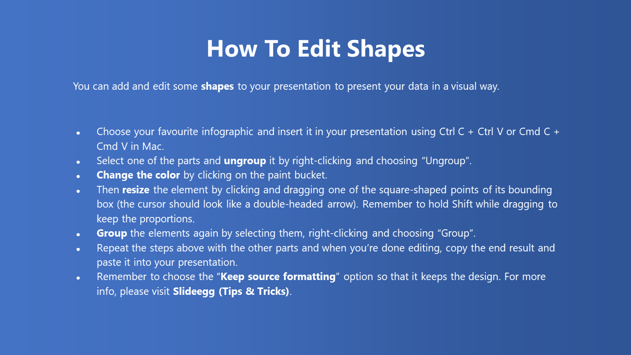 Slide with a blue background, outlining the process of customizing shapes in a presentation with tips and shortcuts.