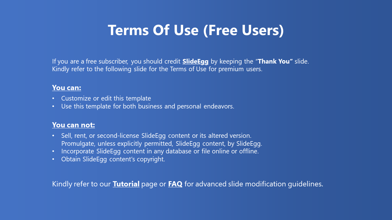 Blue gradient background slide detailing terms for free users, including customization and sharing rights, using white text.