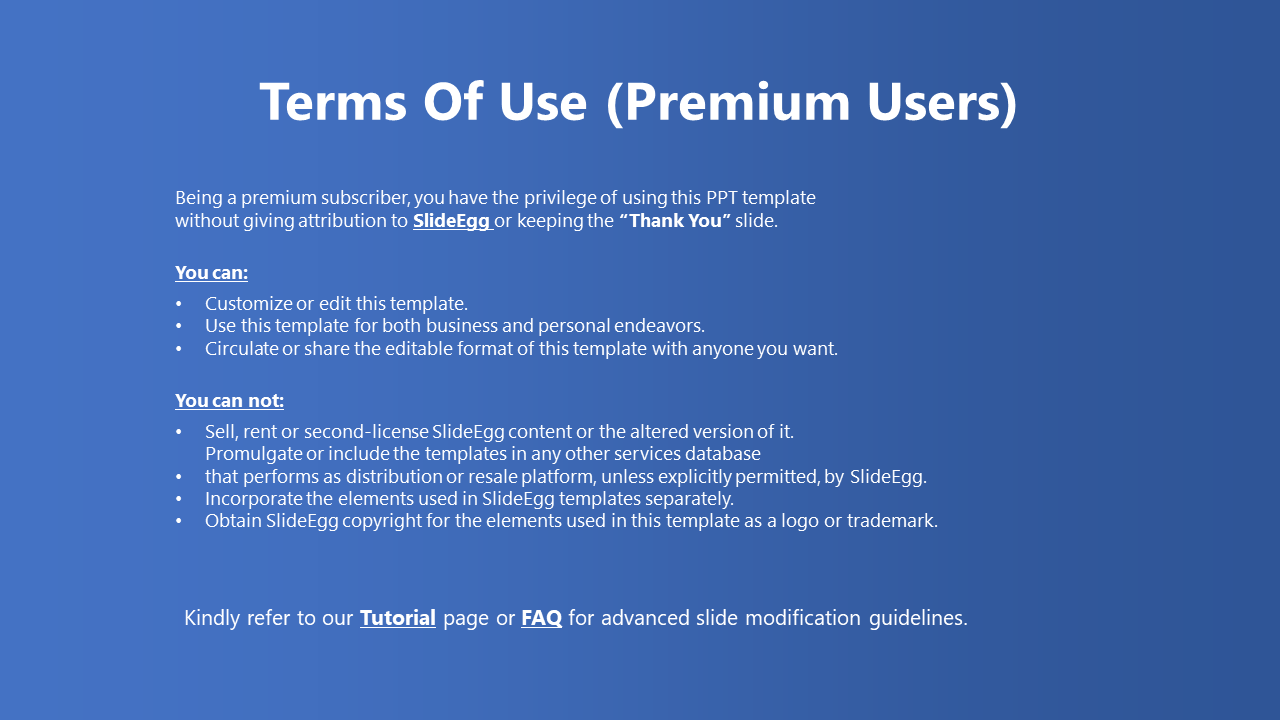 Slide with blue gradient background, detailing terms for premium users including the rights and restrictions, in white text.