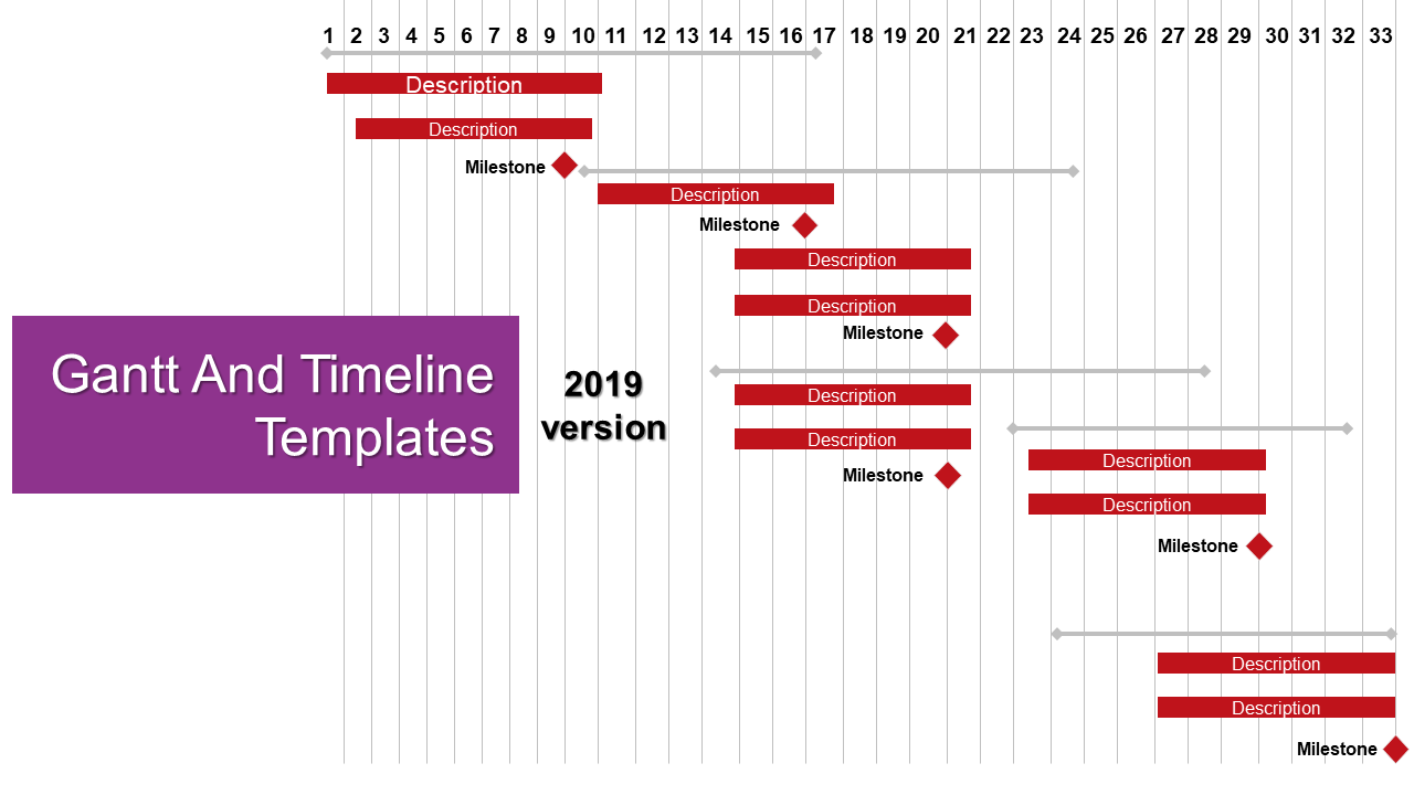 Gantt chart with red task bars and milestone diamonds on a day grid, featuring a large purple title box on the left.
