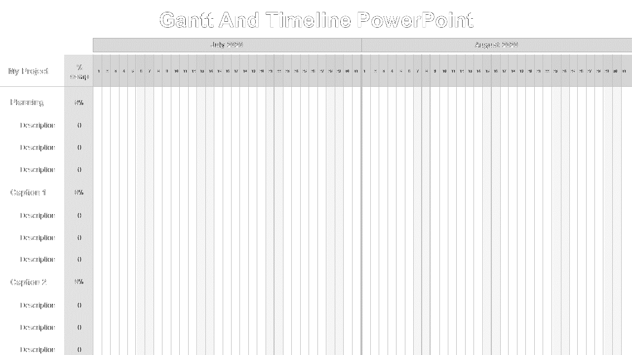 Gantt timeline with empty task slots across daily intervals, spanning July to August in grayscale format.