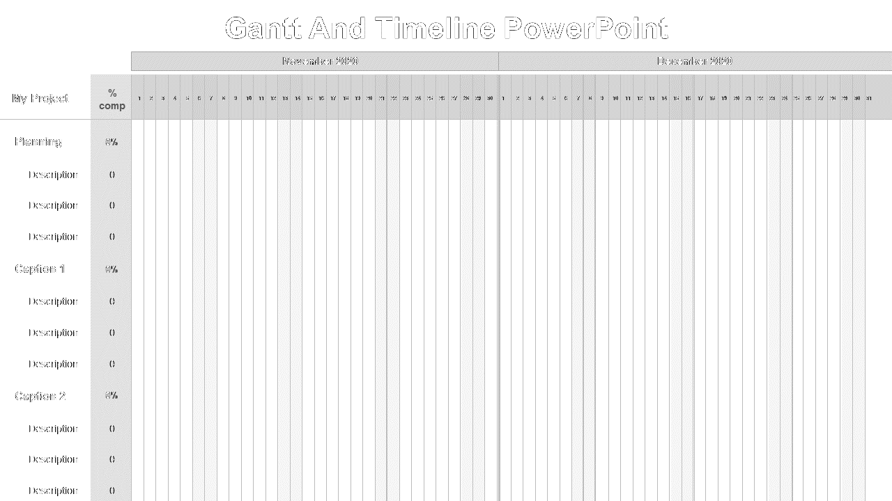 Empty Gantt chart with vertical date lines for November and December, organized by project rows and captions.