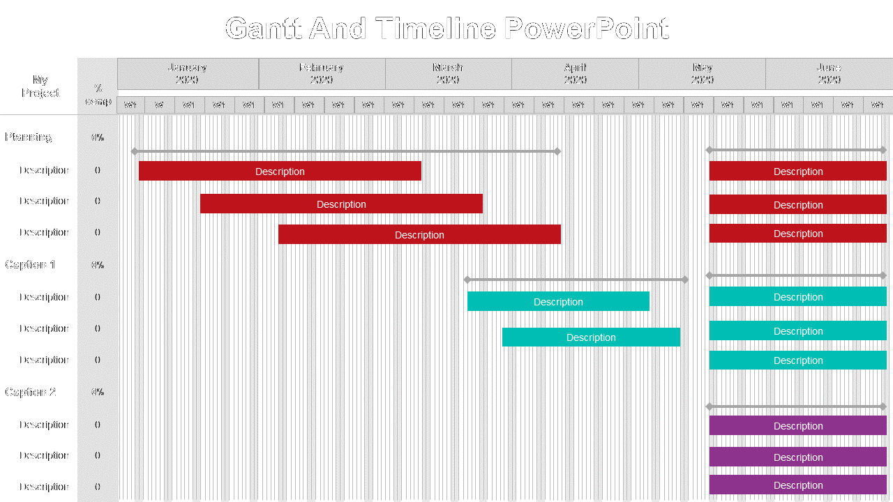 Gantt chart with red, teal, and purple bars across a detailed weekly timeline from January to June.