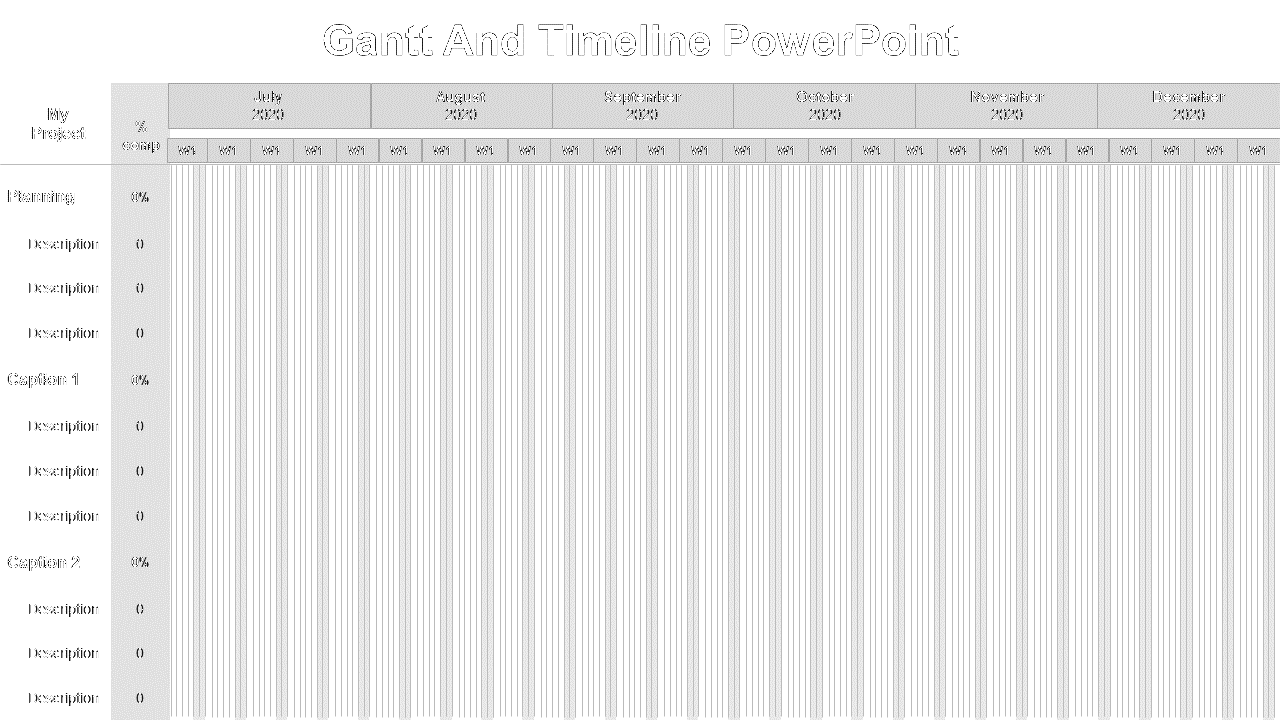 Blank Gantt chart with gray headers, weekly divisions, and labeled rows for planning and captions.