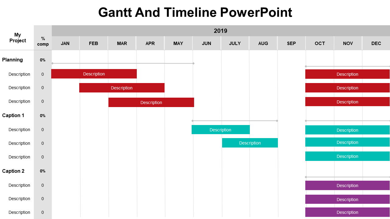 Gantt chart with red, teal, and purple horizontal bars across a monthly grid, organized by project captions.