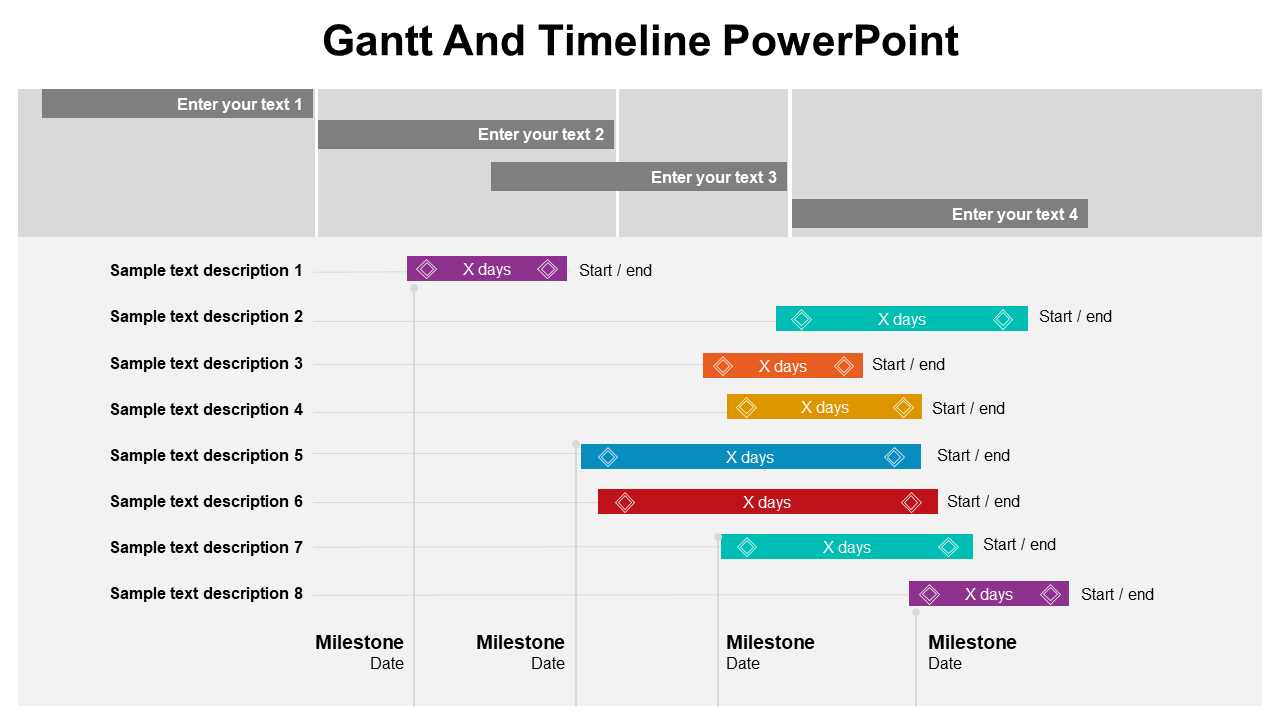 Gantt chart with multiple colored bars representing tasks over time, milestones marked with diamond icons.