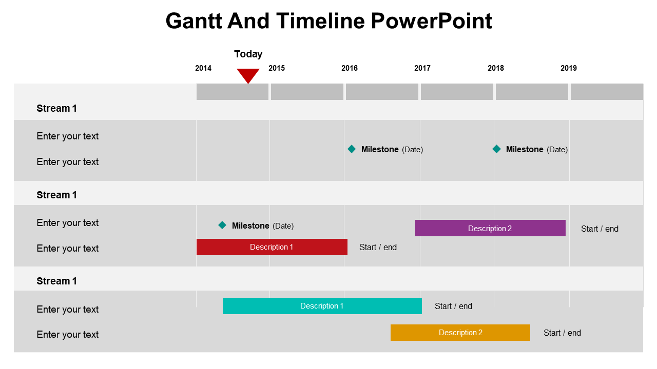 Gantt chart layout showing milestones and tasks for multiple streams, in red, purple, teal, and yellow, on a gray background.