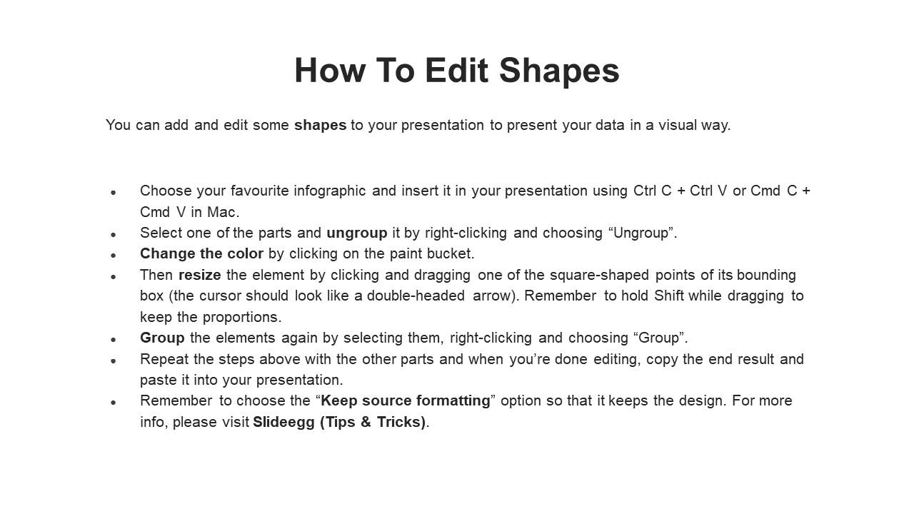 Slide with detailed steps on how to edit and customize shapes in a PowerPoint presentation.