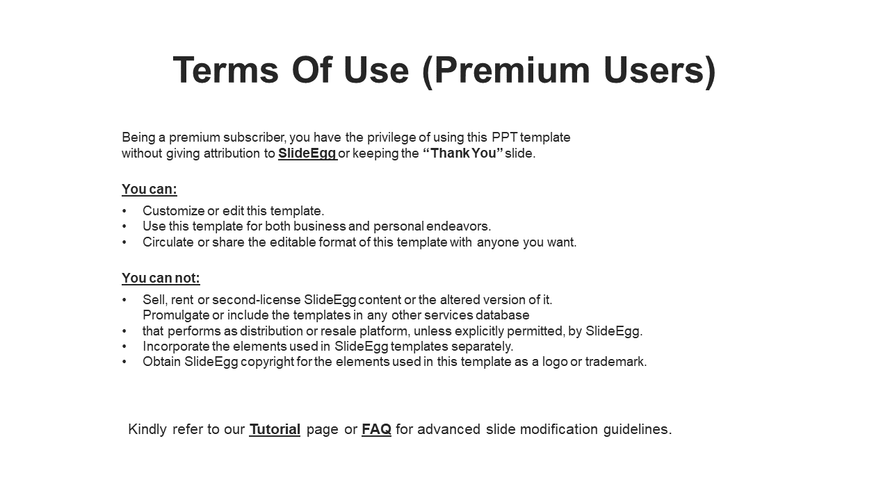 Slide detailing terms for premium users including the rights to edit, share, and restrictions on resale and copyright.