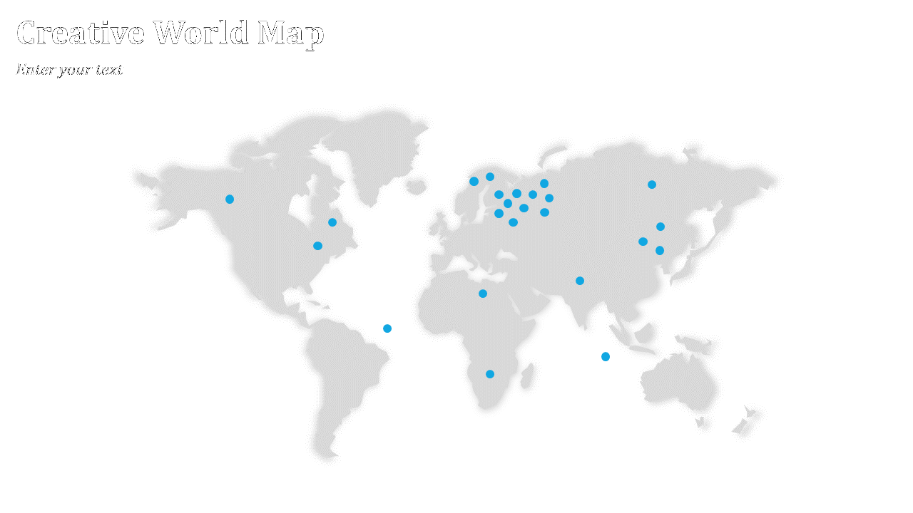 Light grey world map with scattered blue dots marking global locations across continents, on a white background.