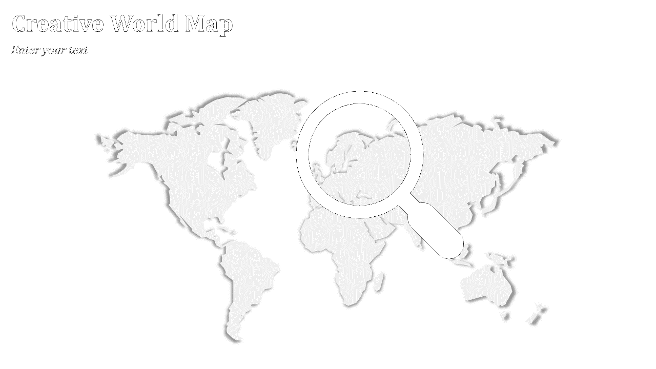 Global map design in pale grey, overlaid with bold black magnifying glass centered on Eastern Europe.