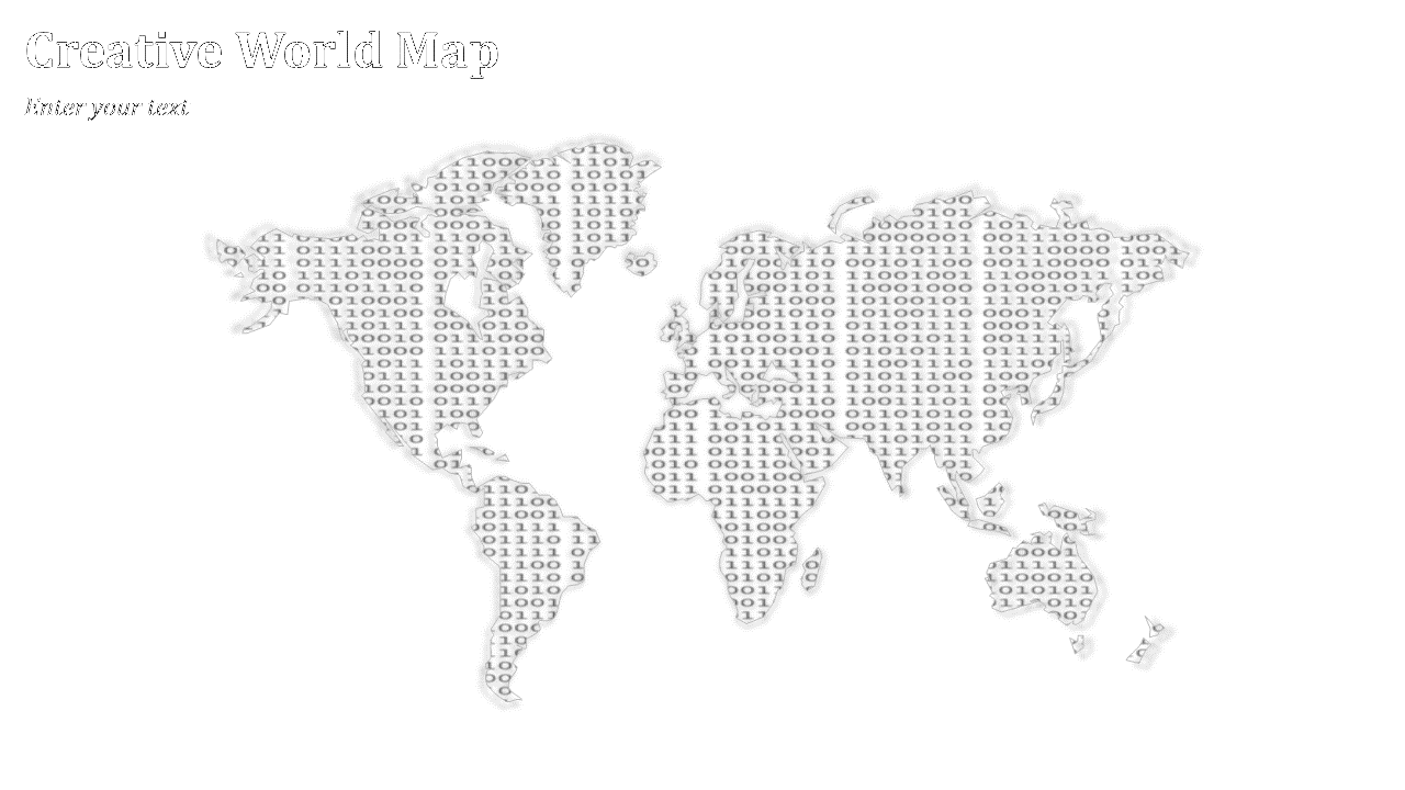 World map silhouette filled with repeating grey binary code digits, creating a digital data theme on white background.
