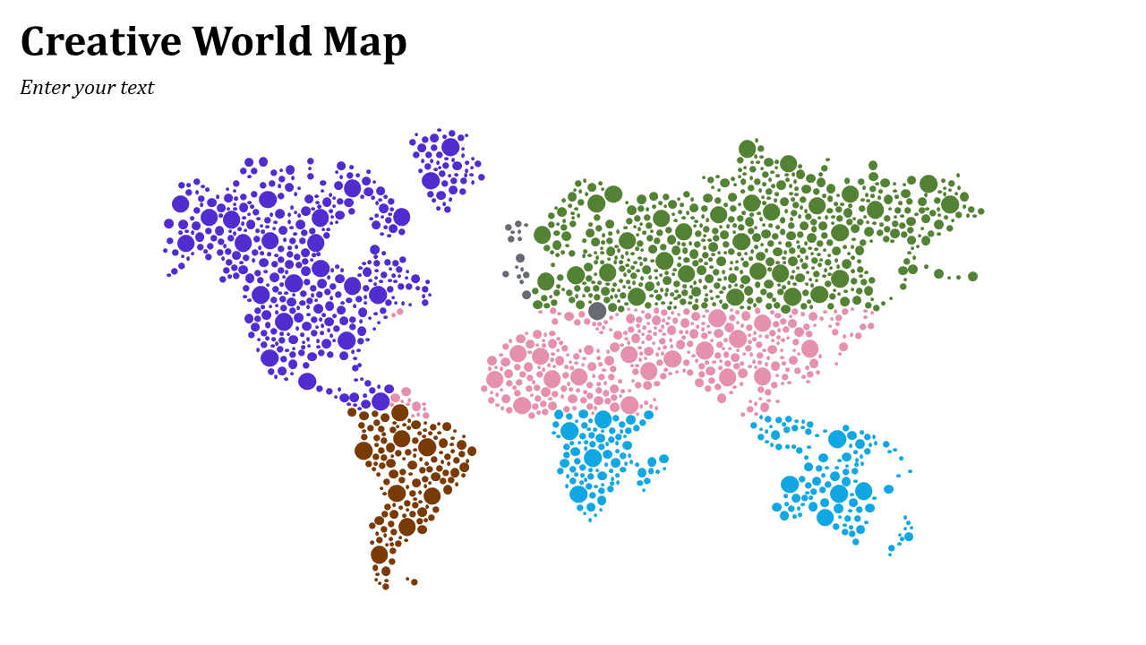 Colorful world map made of scattered circles in green, blue, pink, brown, and purple forming each continent.