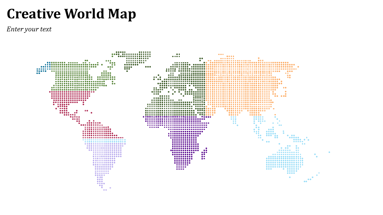 World map made of colored dots by continent in blue, green, red, purple, and orange, on a white background.