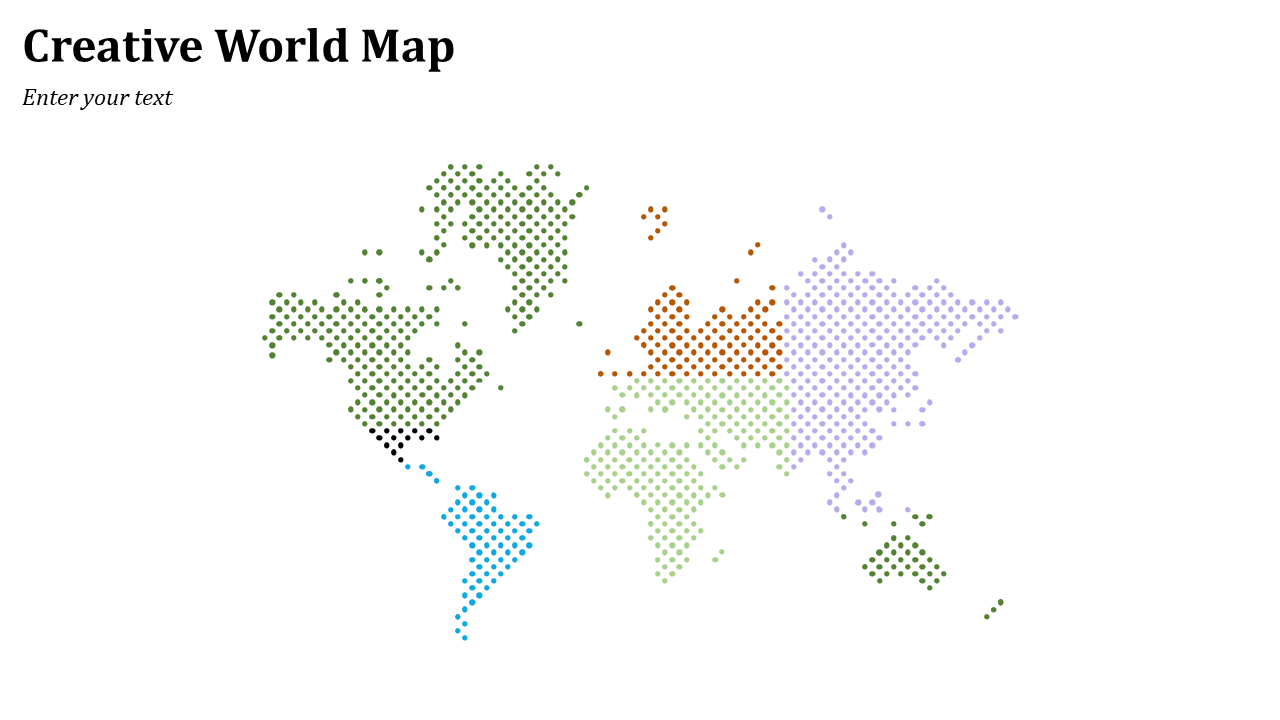 World map with continents in green, blue, orange, and purple dot clusters, on a white background and title in the top left.