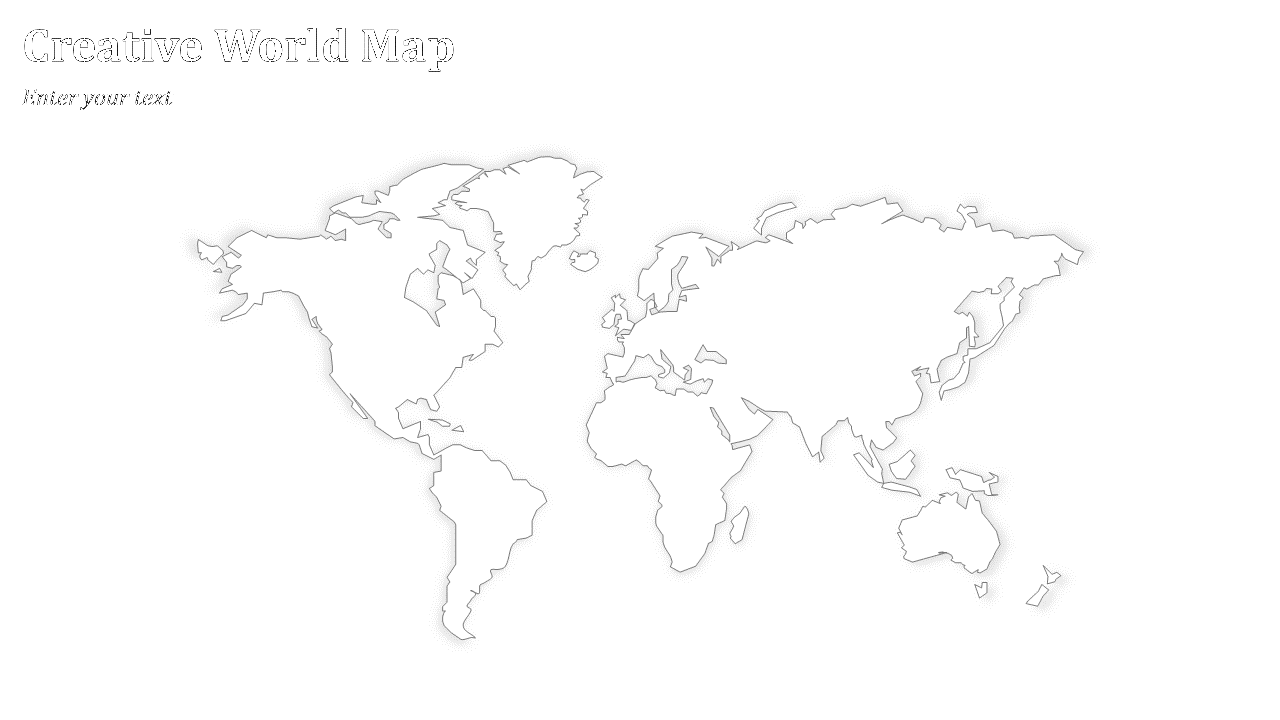 White world map with soft 3D outlines and shadows, featuring title and text in the top left corner.
