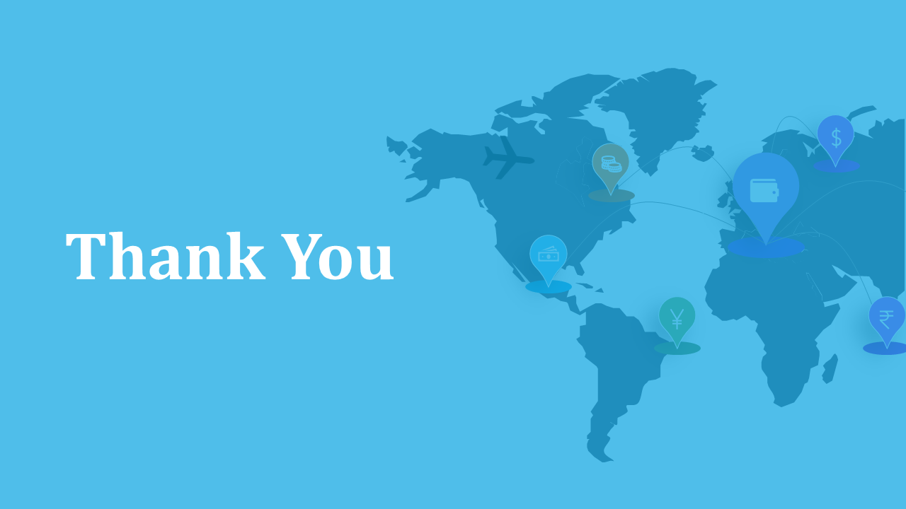 Blue thank you slide with world map background, featuring travel and finance icons, placed across global locations.