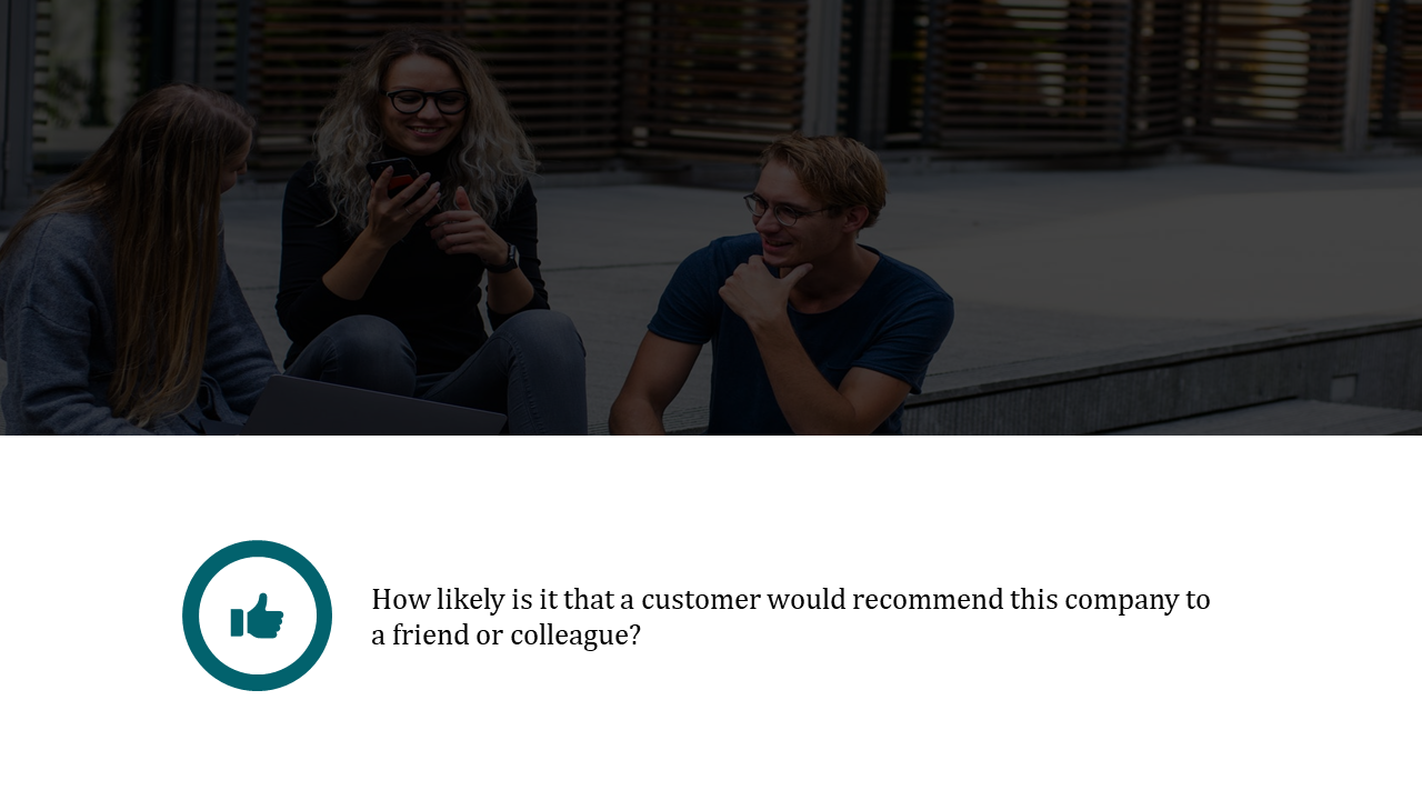 Split slide with top photo of people chatting and bottom section with teal thumbs up icon and text on white background.