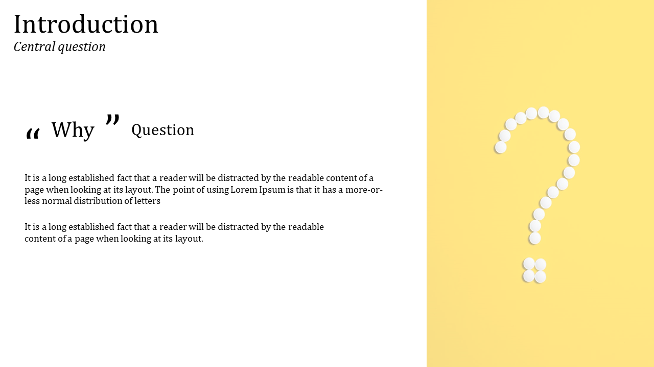 Split layout with white text section on left and yellow background featuring circular dots forming a question mark.