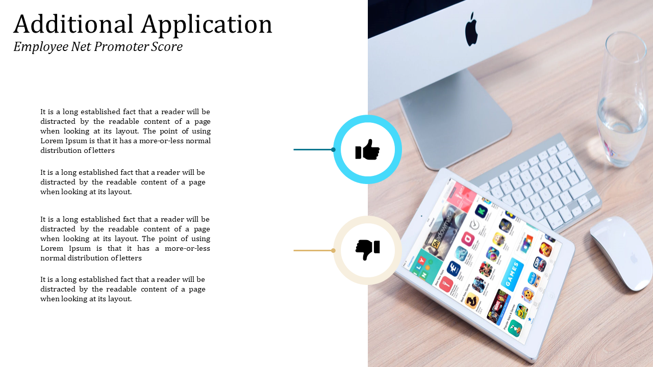 Split slide with white text area and photo of tablet on wooden desk, featuring blue and beige thumbs up an down icons.