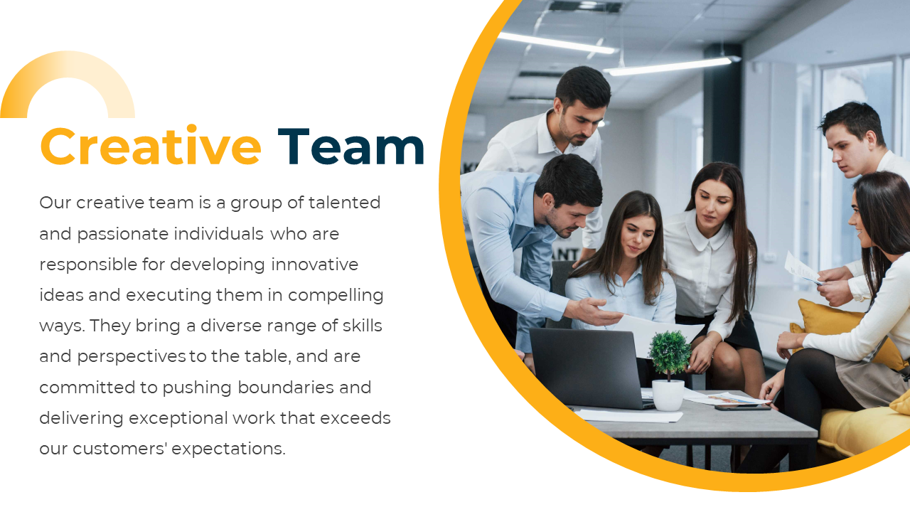 Slide with left aligned text, and image of diverse team collaborating at a table on the right, framed by yellow curve.