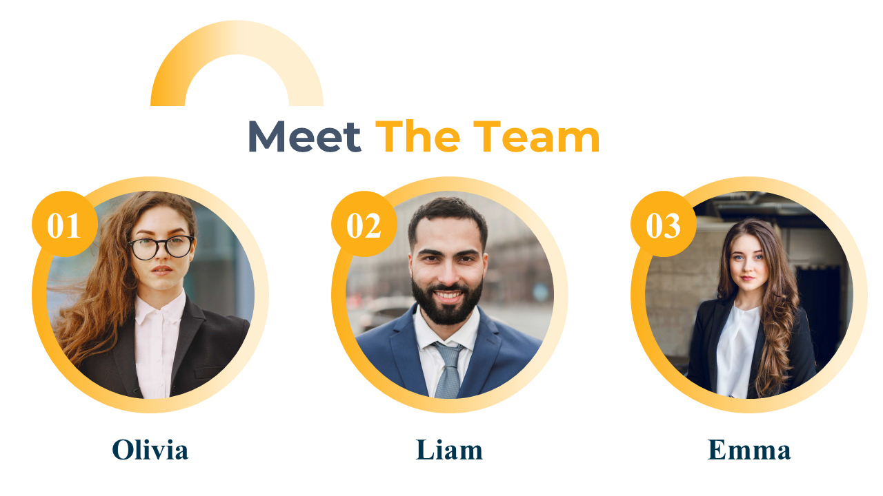 White background with a yellow arc,  and three circular team portraits with numbered orange badges and names below.