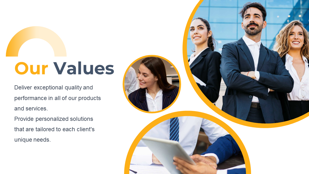 Our values slide with yellow arc and bold circles framing businesspeople images, and clean text on white background.