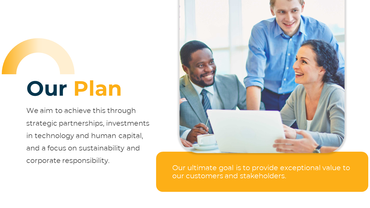Our plan slide with half circle gradient shape, photo of diverse team, and yellow rounded textbox on white background.