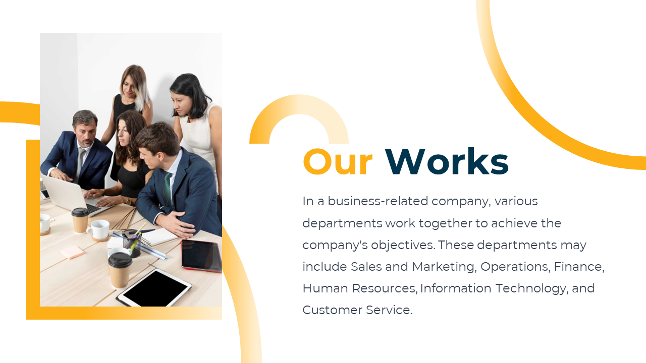 Slide with photo of office team working on laptop and descriptive text on right, accented by orange and yellow curves.