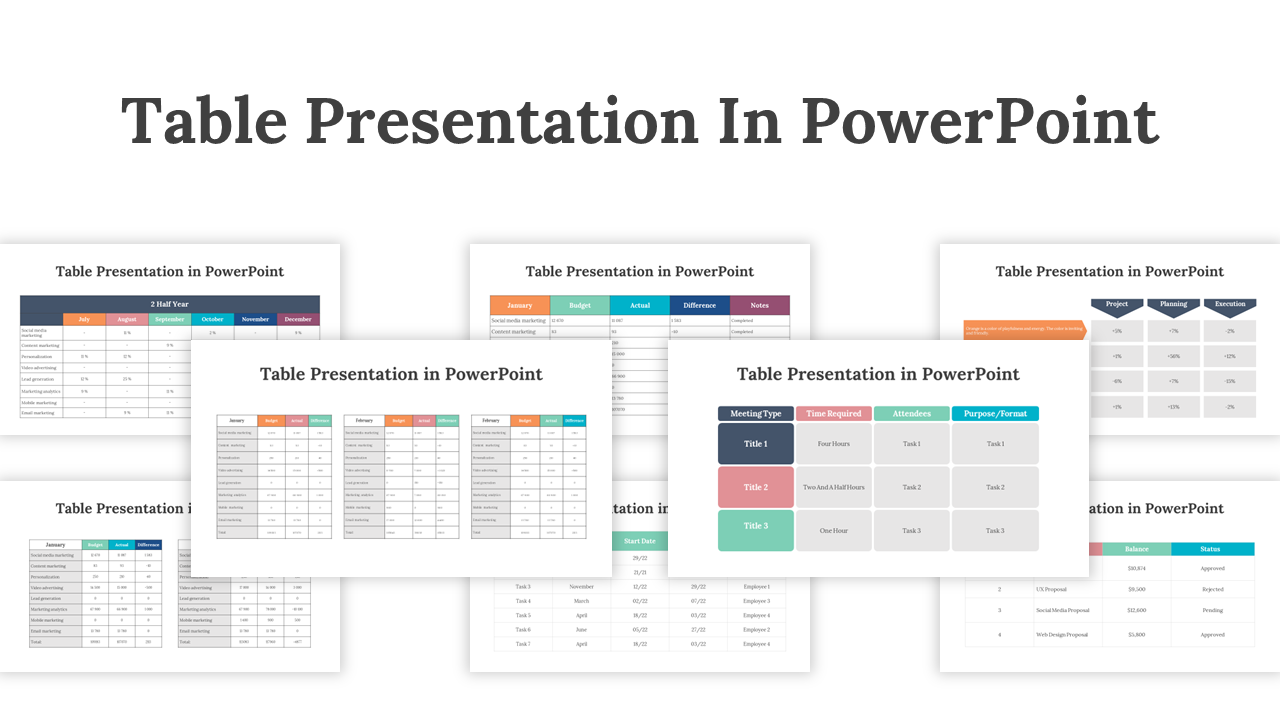 Slide featuring various table designs, showcasing different color schemes and layouts for data and meetings.
