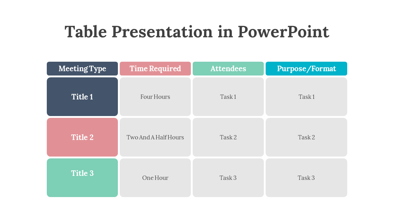 Table with meeting details in colored cells, including navy, pink, green, and teal headers for various columns.