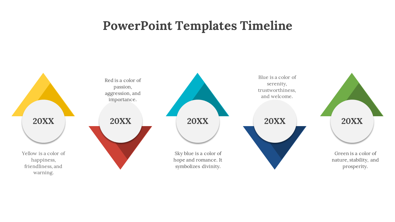 Timeline with triangular icons in yellow, red, teal, blue, and green, each paired with gray circular year labels and text.