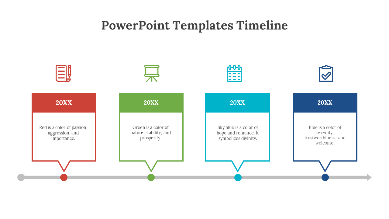 Timeline with color coded speech bubbles in red, green, teal, and blue, each with description and icons above.