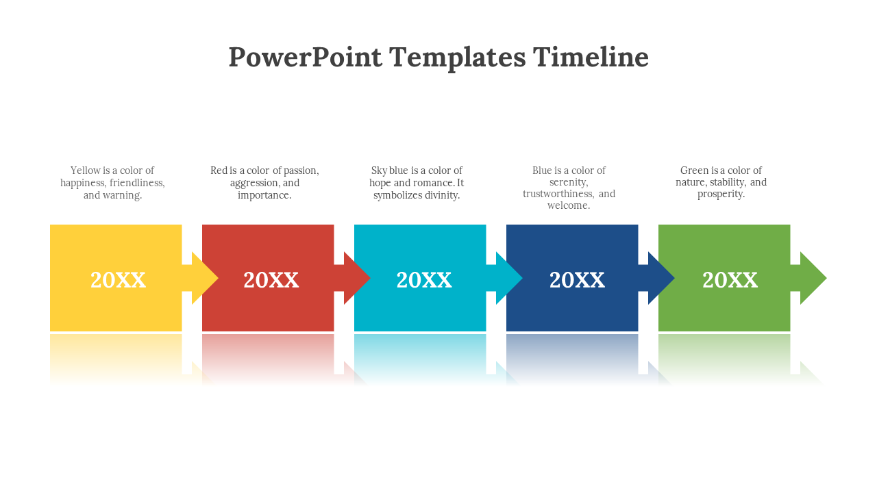 Timeline slide featuring colorful squares paired with arrows in yellow, red, teal, blue, and green, each with text above.