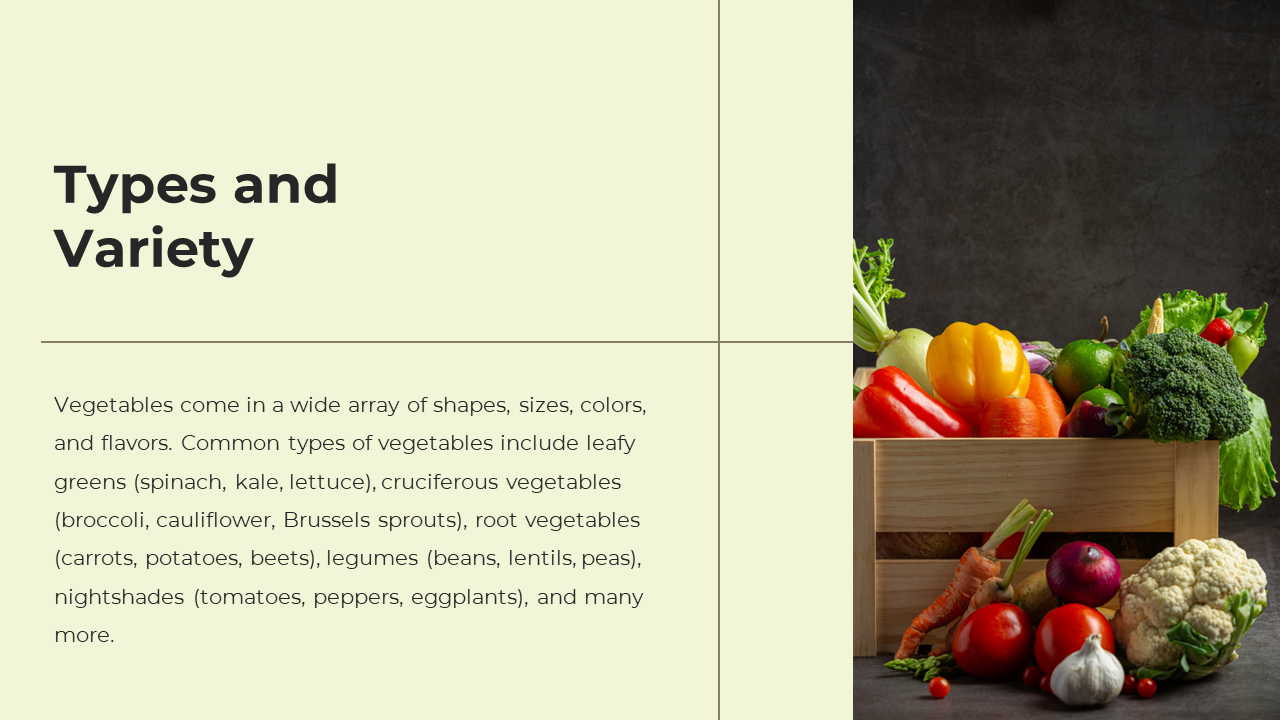 Light beige slide with a bold title on vegetable types, featuring an image of assorted vegetables in a wooden box.