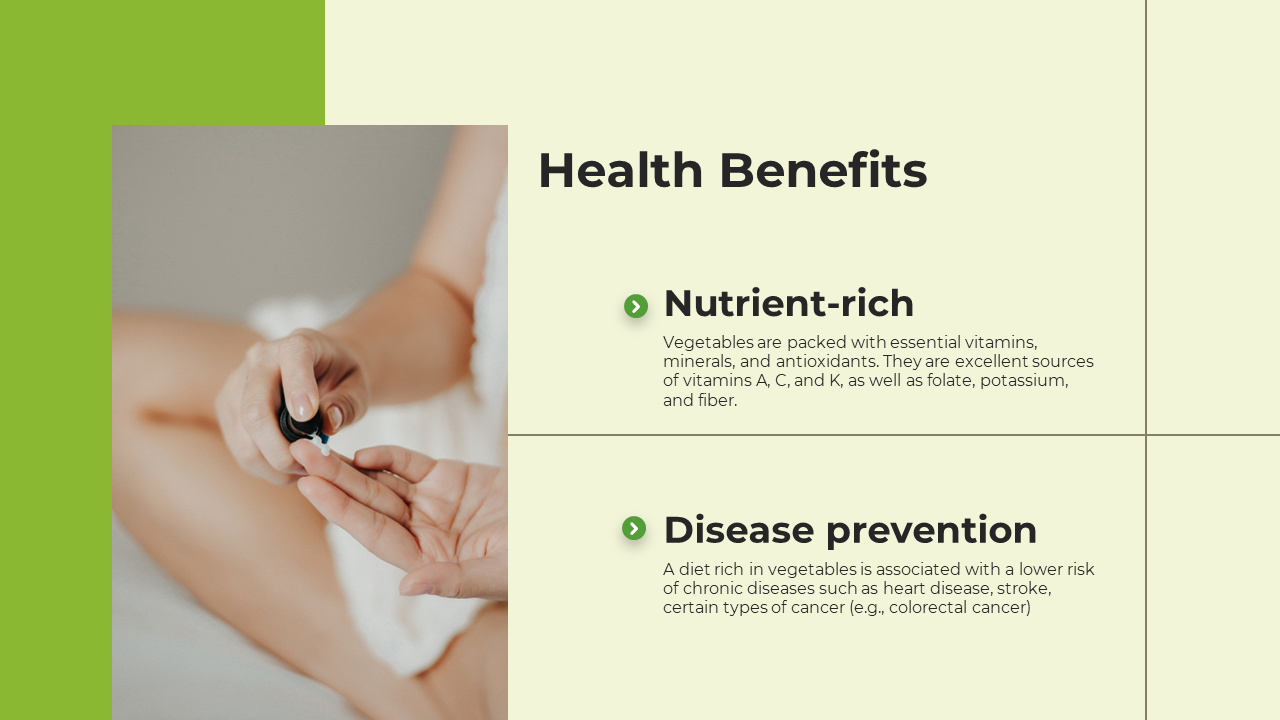 Light green slide with a bold title on health benefits, featuring two text sections and a photo of a hand applying a product.